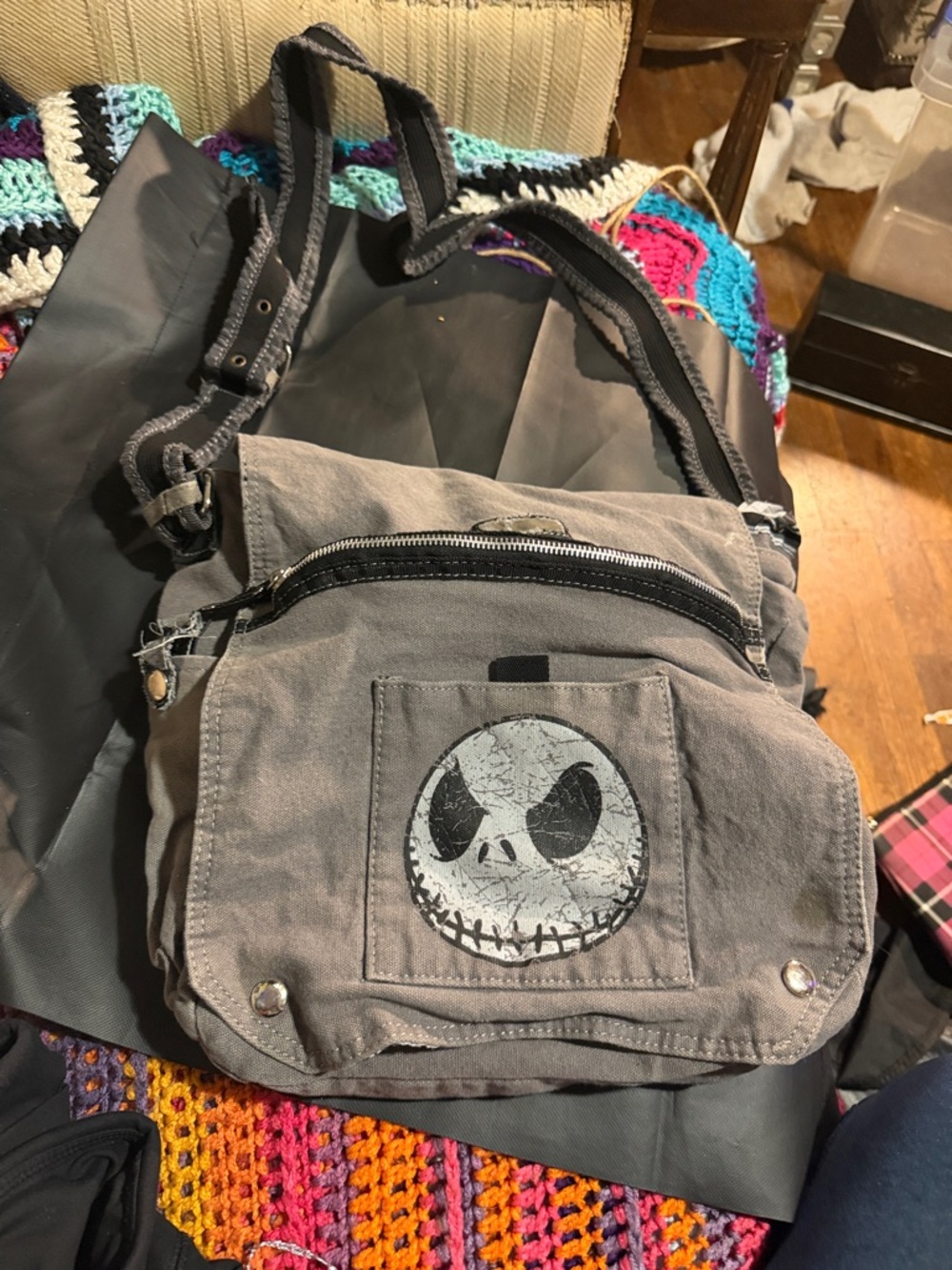 Gray Canvas Crossbody Messenger Bag with Skull Patch